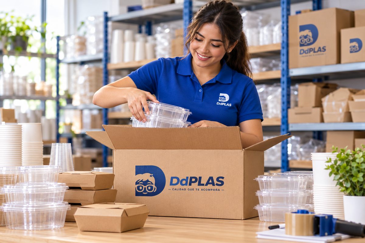 Integrante del equipo DdPLAS armando un pedido de envases en una caja con el logo de DdPLAS