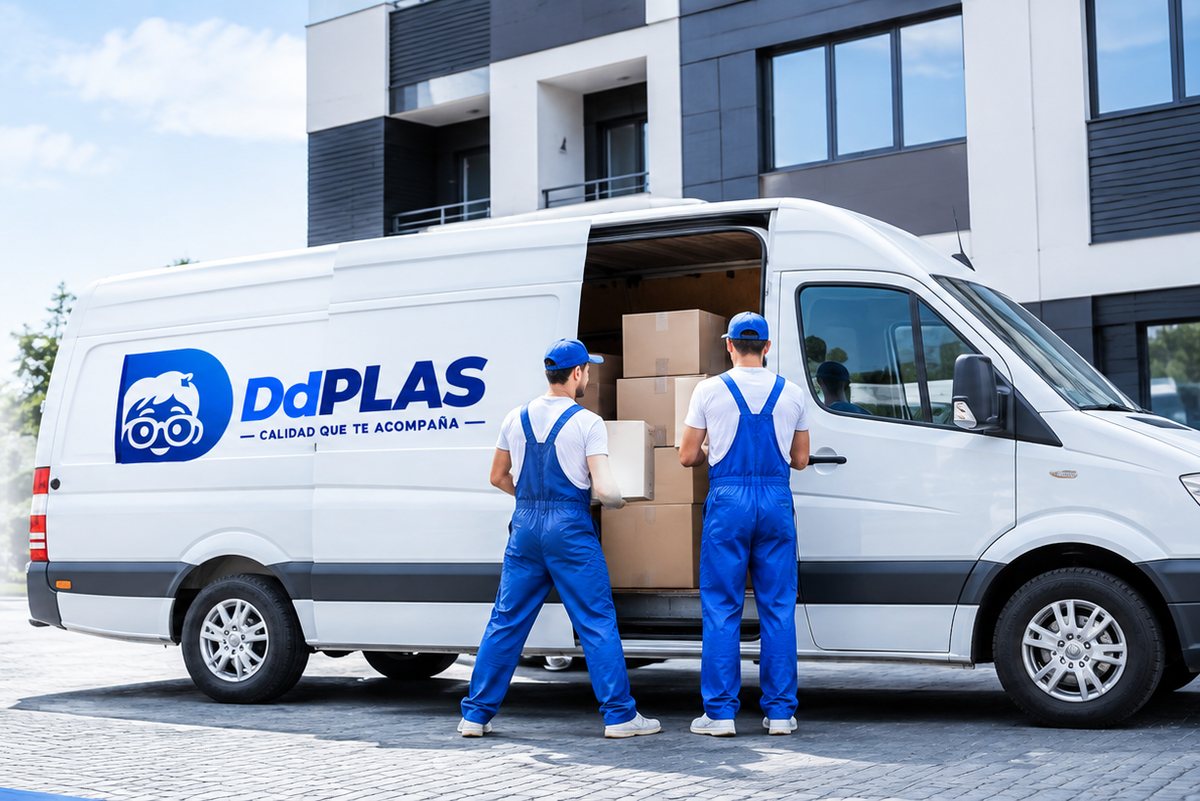 Furgón de DdPLAS con dos repartidores cargando cajas para despachar pedidos