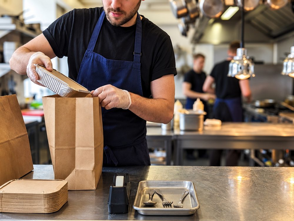 Cocinero armando una bolsa kraft de despacho con un envase de aluminio